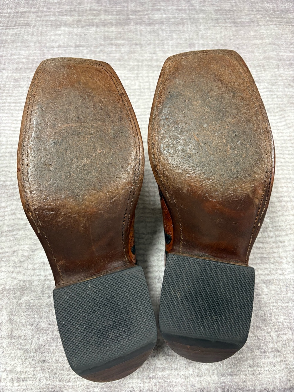 Vintage Lucchese Leather Tooled Western Mules Brown Black Square Toe Block Heel - Picture 8 of 10